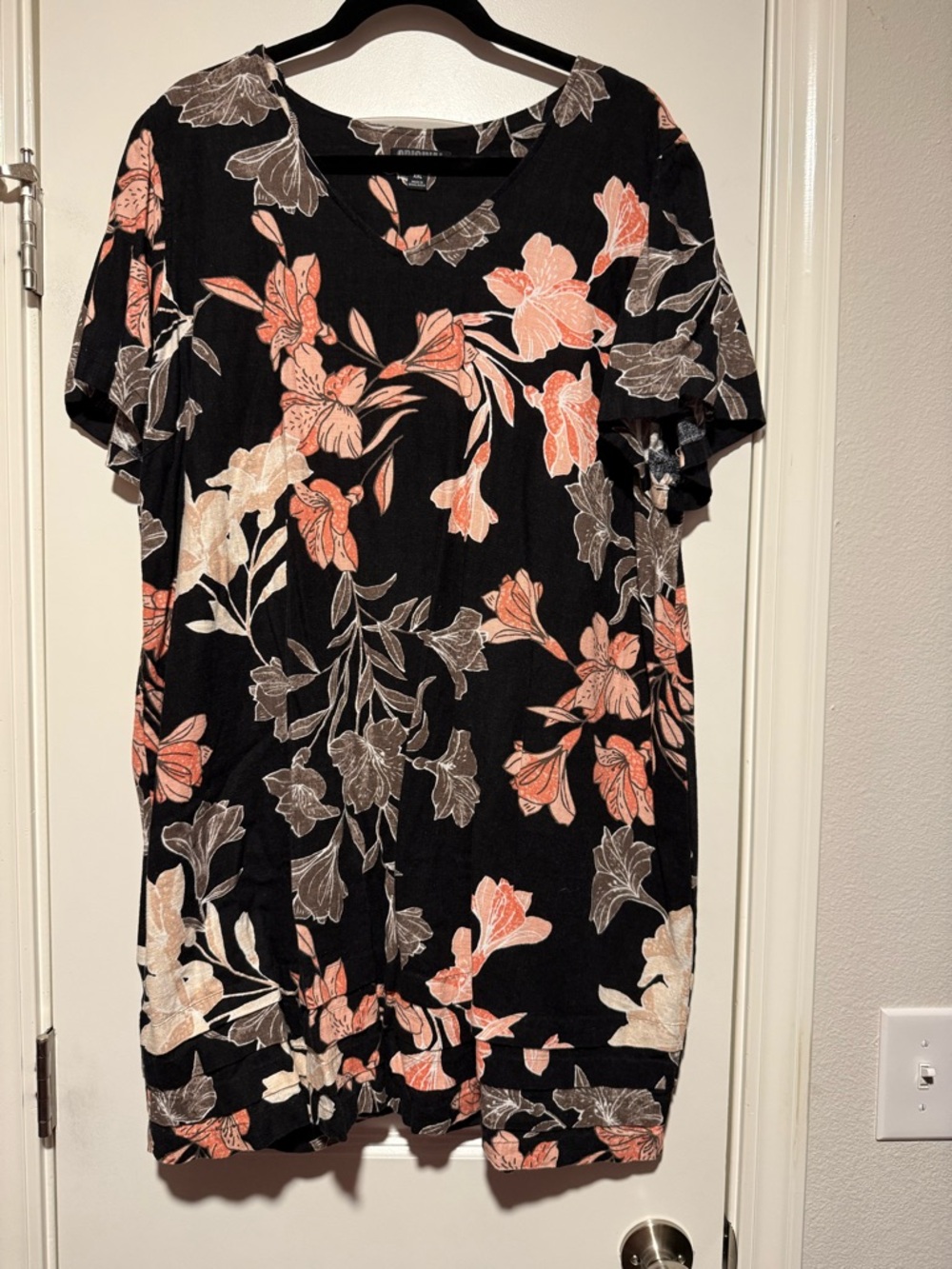 Nicole Miller Black Midi Dress with Coral and Cream Floral Print